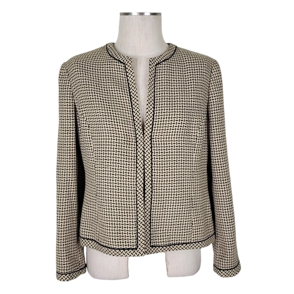Kasper Tweed Blazer Size 12P 1 Hook Eye Closure Long Sleeve Lined Black Tan